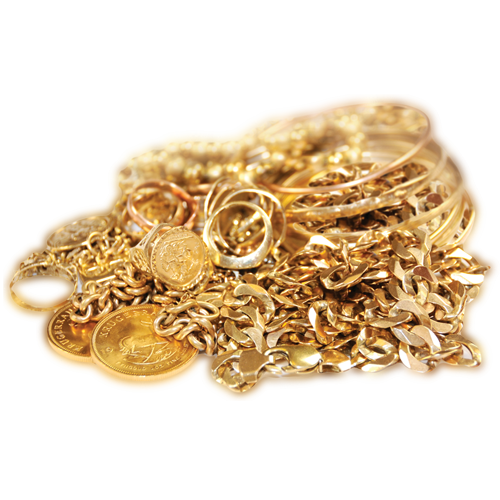 A pile of gold jewelry and coins on a white background.