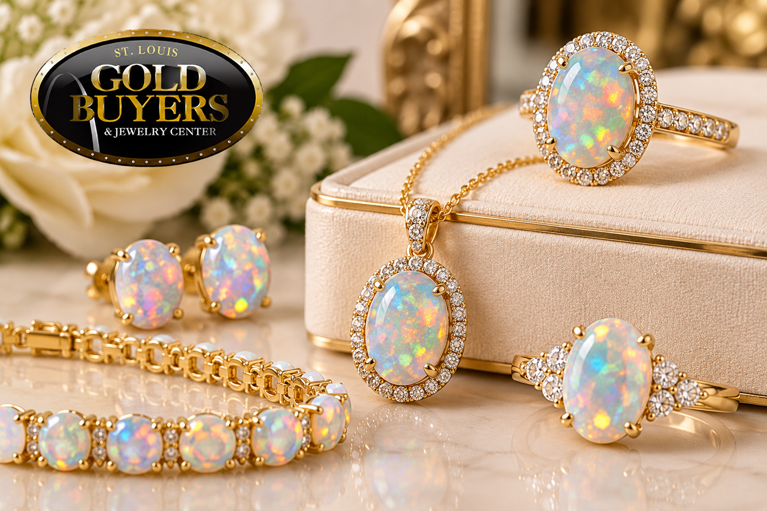 Elegant natural opal rings, necklace, earrings, and bracelet featuring colorful October birthstones