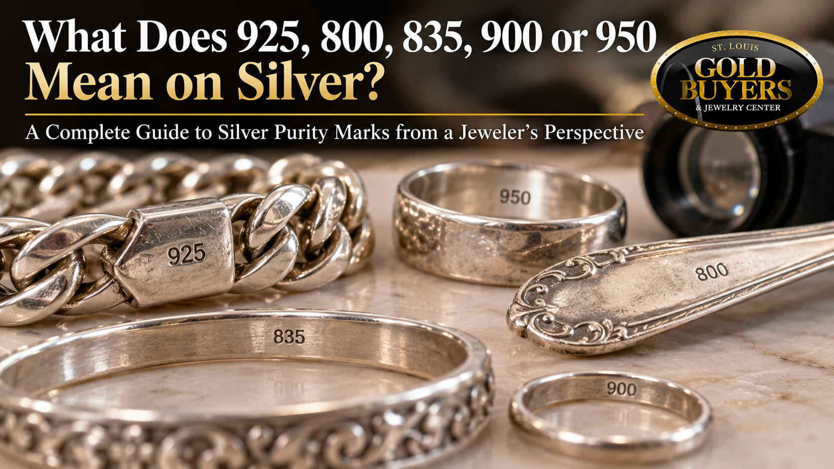 Sterling silver jewelry and flatware showing 925, 800, 835, 900 and 950 purity markings