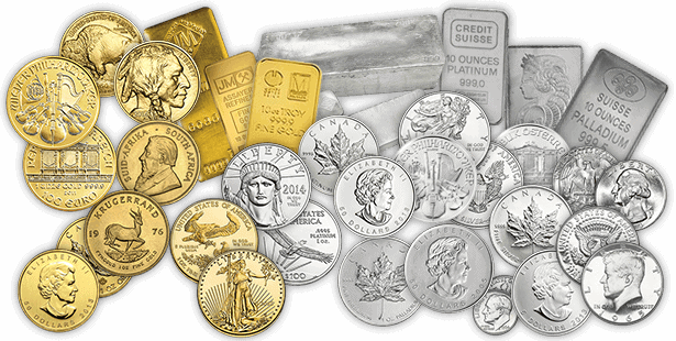 A bunch of gold and silver coins and bars on a white background