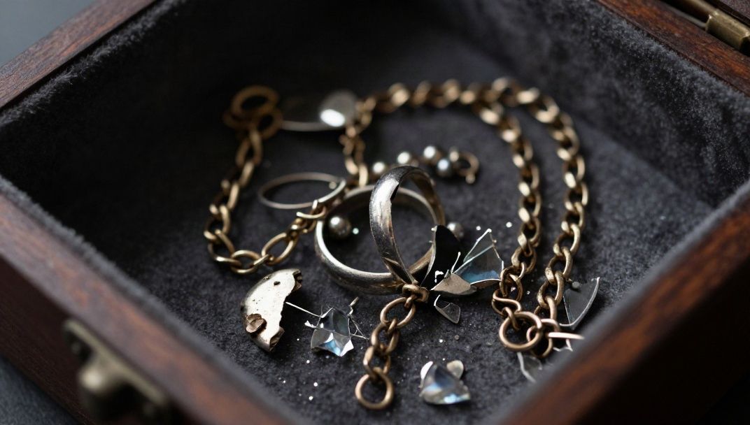 Broken gold jewelry being evaluated before repair