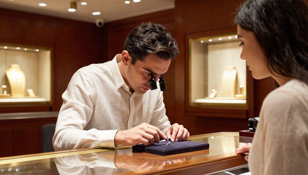 Gold buyer explaining gold value to customer