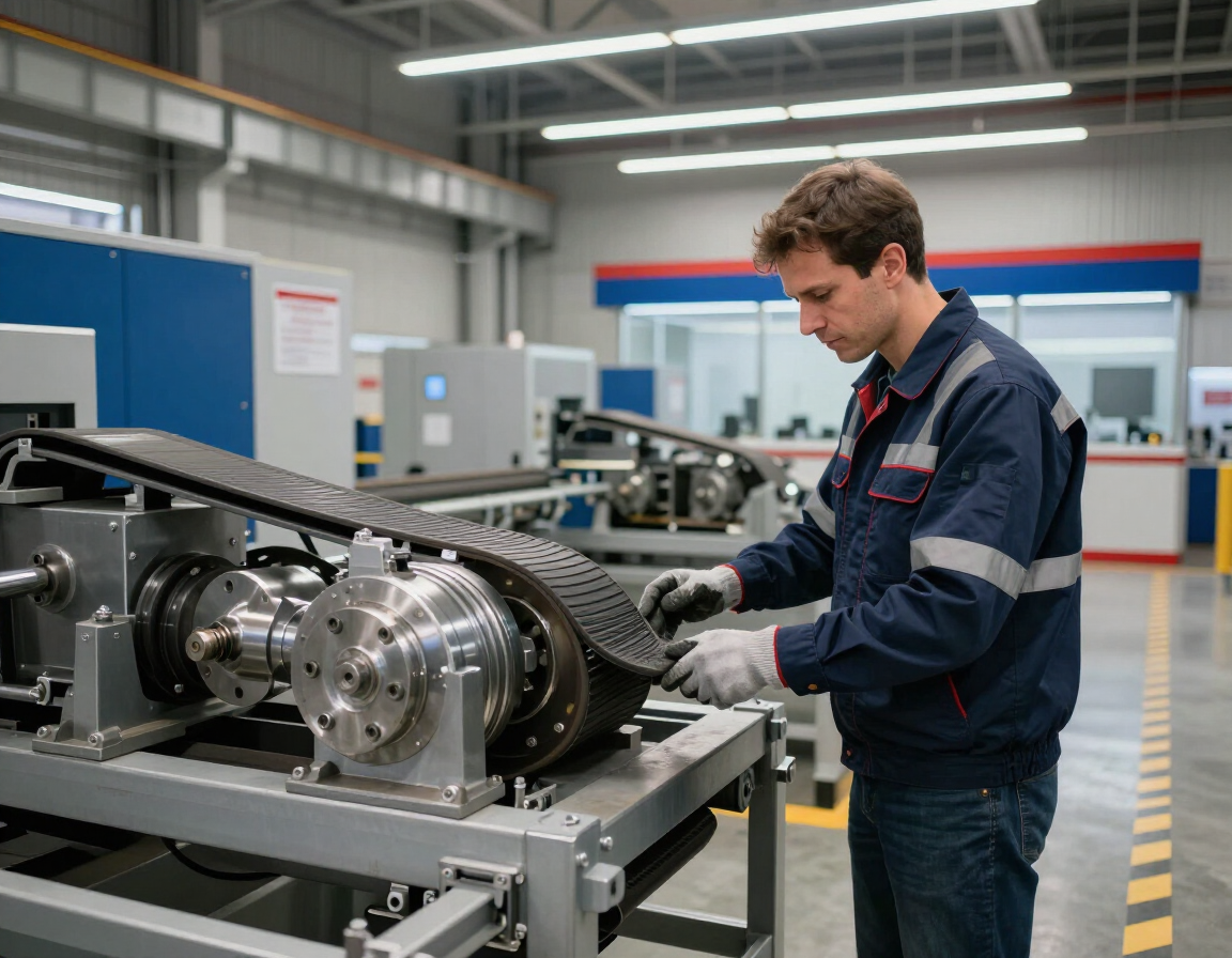 Técnico inspeccionando maquinaria industrial en una fábrica, vestido con ropa de trabajo azul marino y guantes.