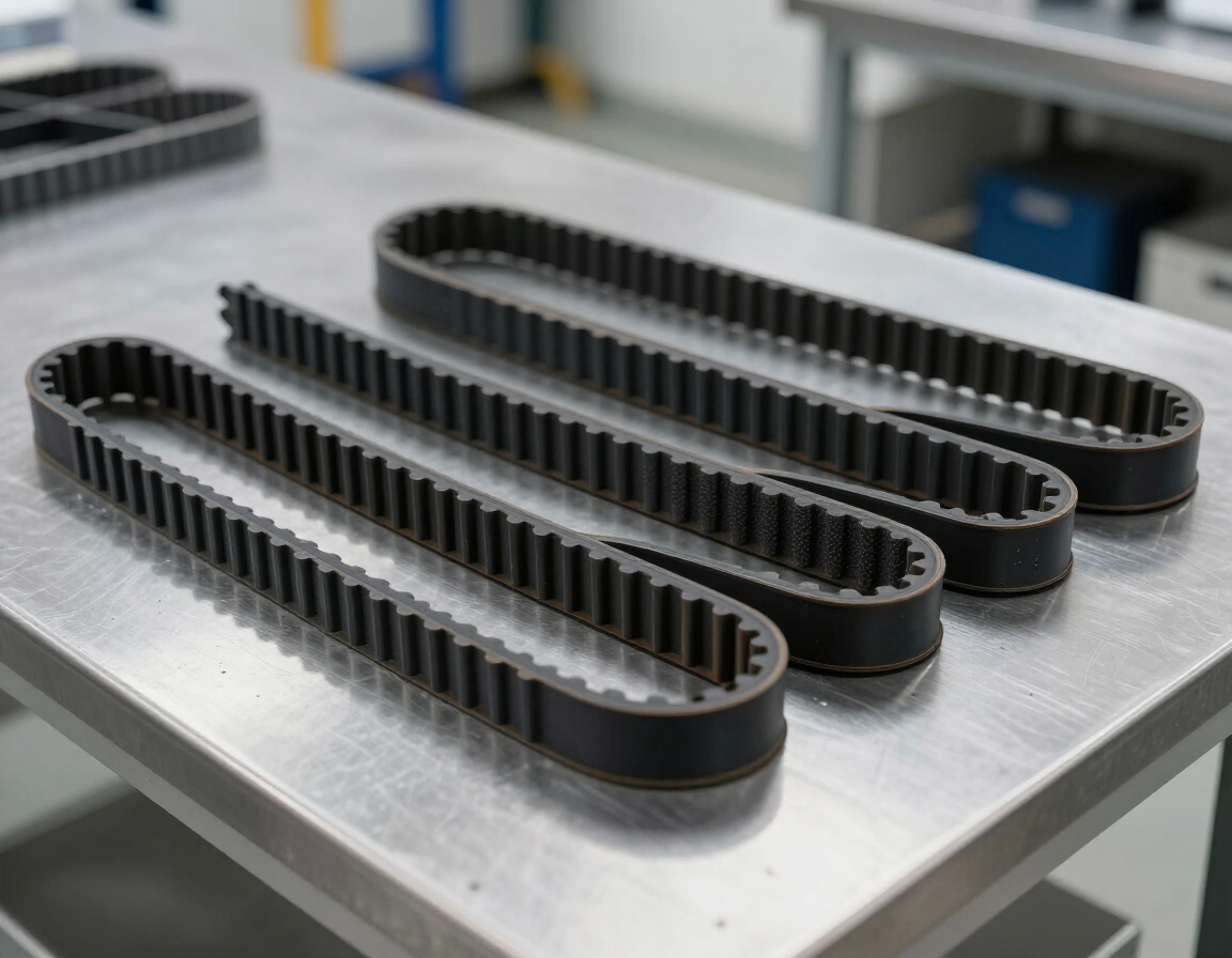 Cintas transportadoras de caucho negro dispuestas sobre una mesa de trabajo metálica en un taller.