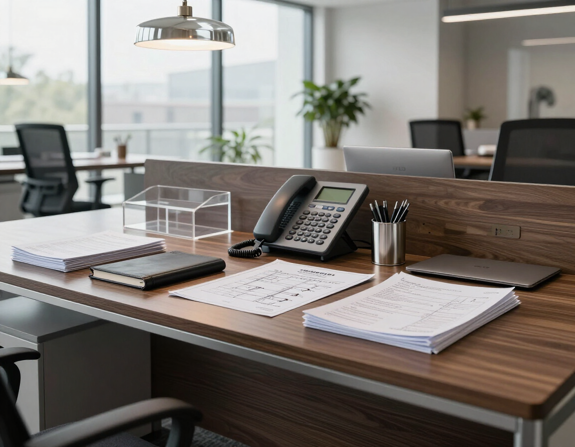 Escritorio de oficina moderno con teléfono, cuadernos, portalápices, ordenador portátil y una gran ventana con vistas.