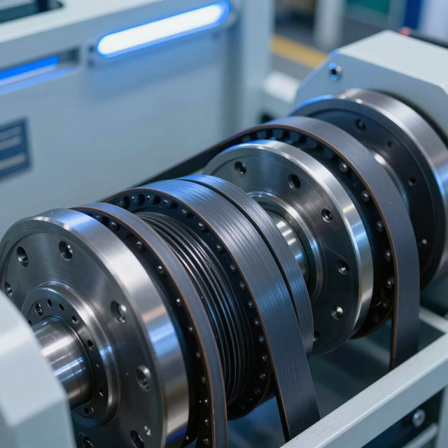 Rodillos metálicos industriales con correas negras y discos plateados en un conjunto de máquina.