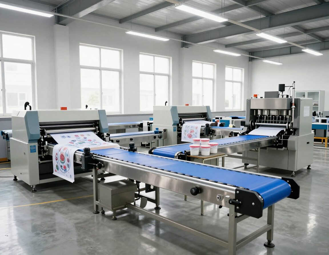 Gran máquina de impresión textil en una fábrica luminosa, imprimiendo tela sobre una cinta transportadora azul.