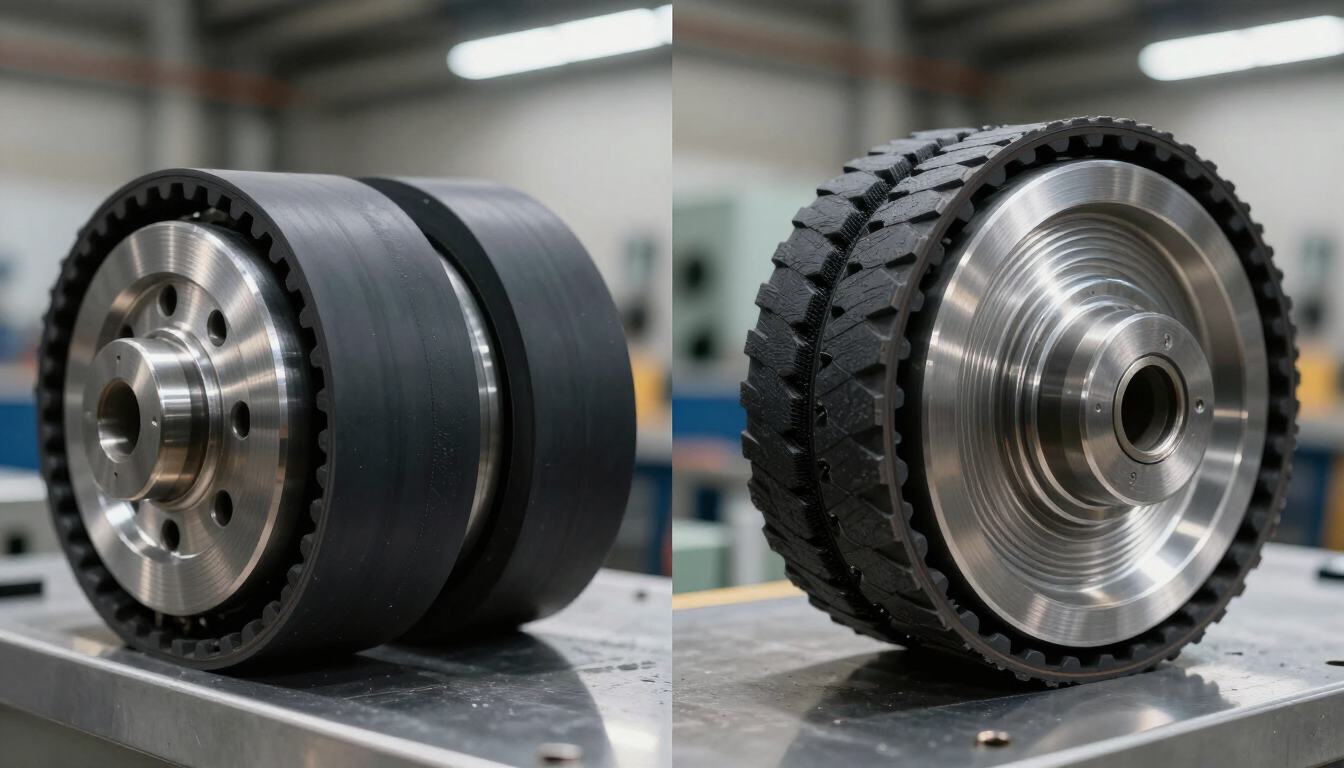 Dos ruedas o rodillos industriales con bujes metálicos, uno liso de color negro y otro con banda de rodadura del mismo color, sobre un banco de trabajo.