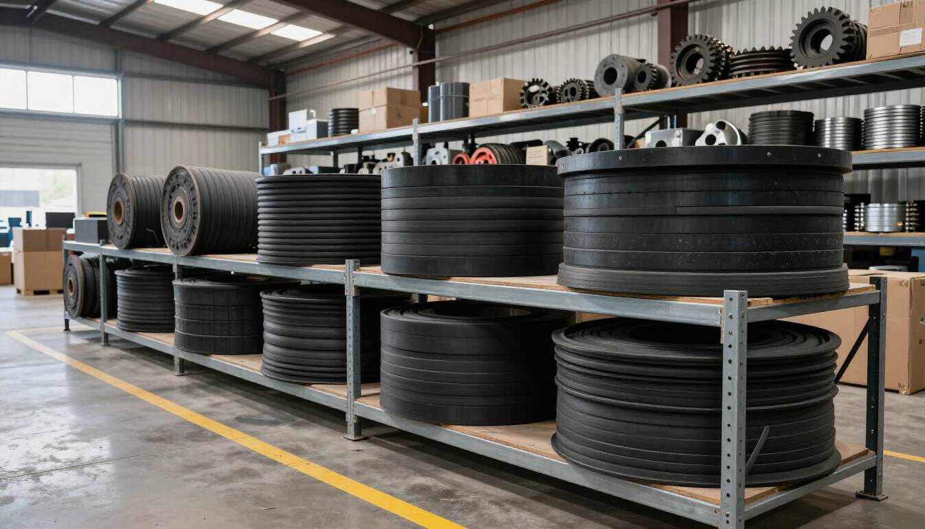 Estanterías de almacén repletas de grandes neumáticos negros en una zona de almacenamiento industrial.