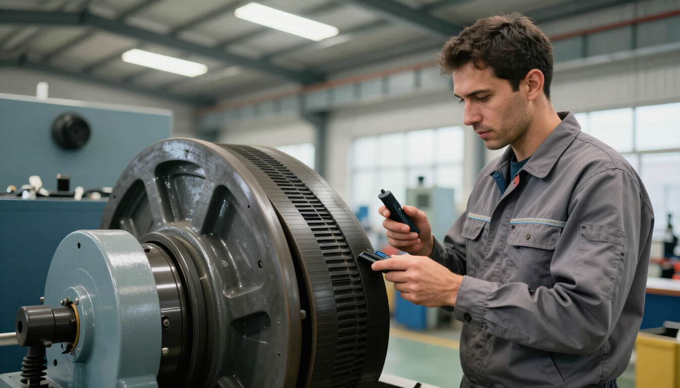Técnico inspeccionando una gran máquina industrial en un taller con un dispositivo portátil.