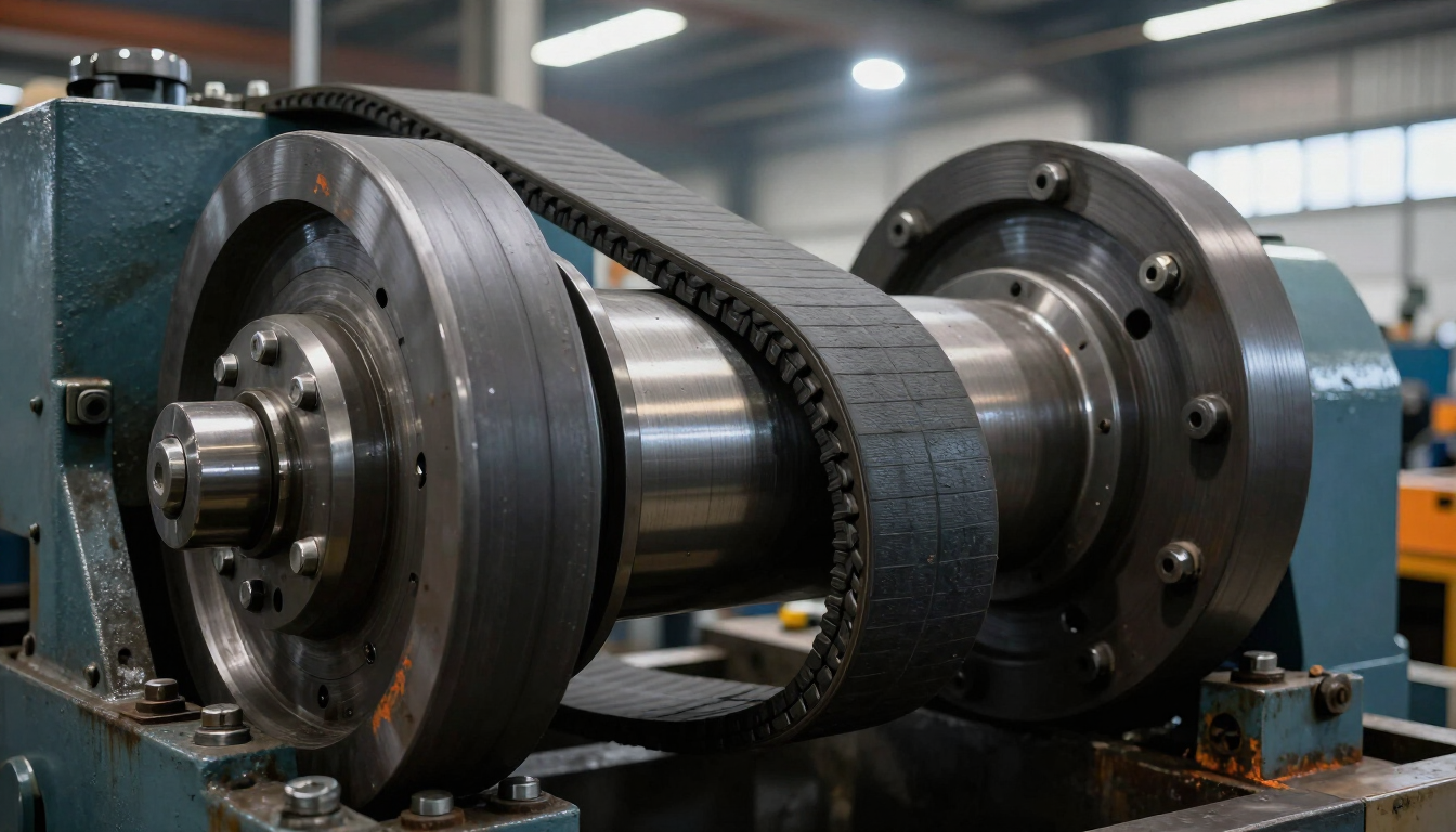 Eje de una máquina industrial con una correa de distribución negra y grandes poleas metálicas en un taller.