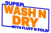 Logo for "Super Wash N Dry" laundry service with orange text inside a blue box.