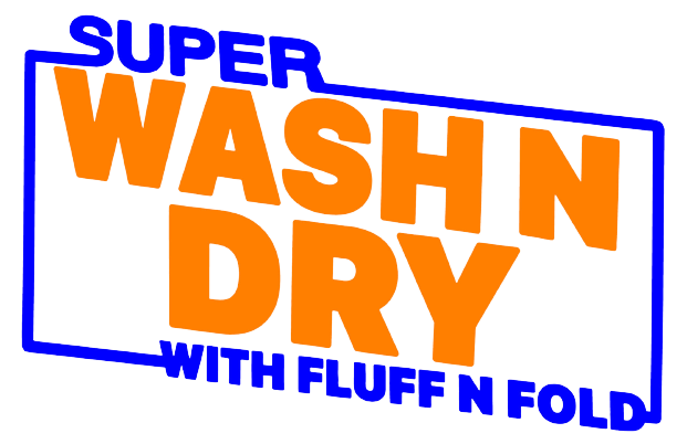 Logo for "Super Wash N Dry" laundry service with orange text inside a blue box.