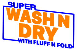Logo for "Super Wash N Dry" laundry service with orange text inside a blue box.