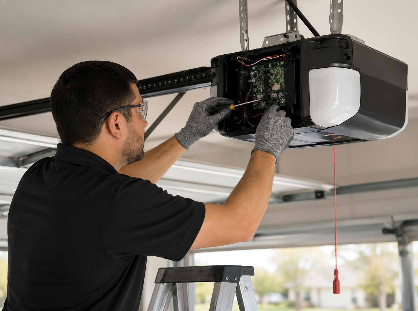 Technician adjusting a garage door opener with a ladder in a garage.