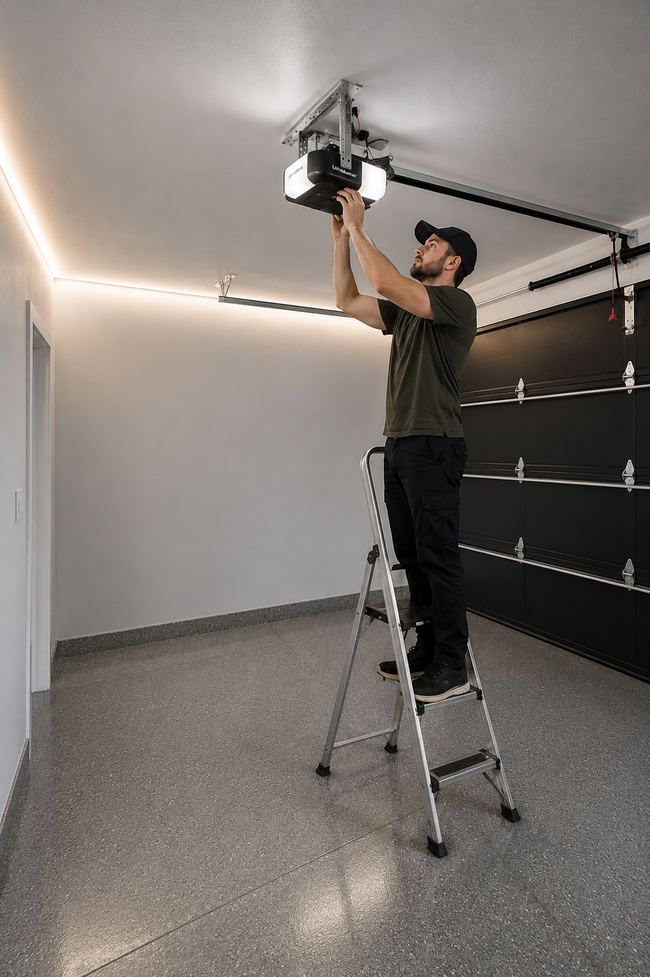 Person on a ladder adjusting a ceiling light in a modern room with black wall shelving.