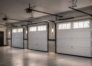 Empty garage interior with three white sectional doors and concrete floor