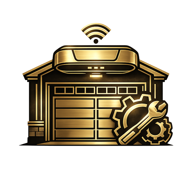 Gold garage with Wi‑Fi symbol and gear-wrench icon, suggesting smart home maintenance or repair control