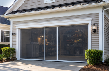 Enclosed screened patio with sliding doors on a light gray house, bordered by shrubs and brick pavers.