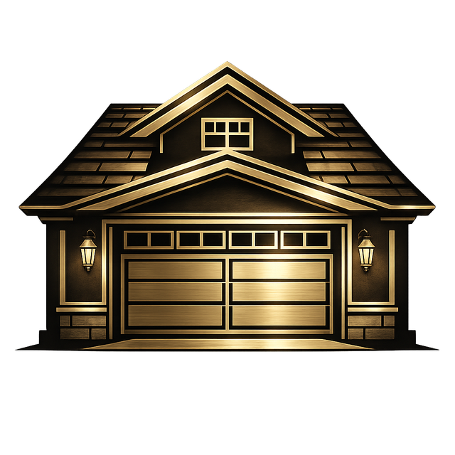 Stylized black and gold house with a two-car garage, lit by exterior lanterns