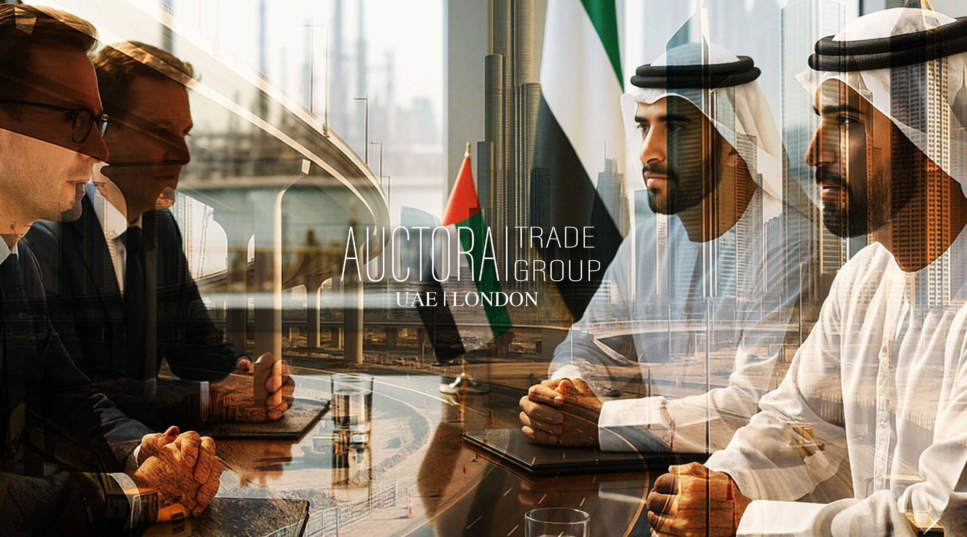 British businessmen in a suit sits across the table from an Emirati businessmen