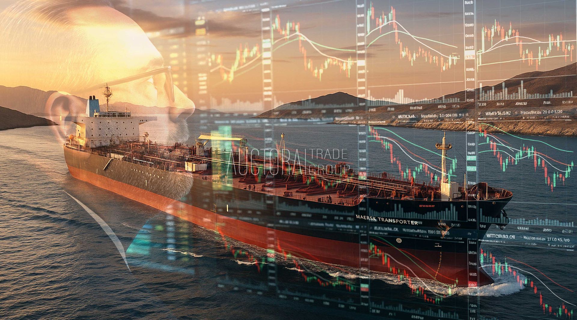Oil price charts & oil tanker passing through a chokehold.