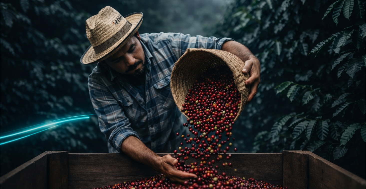 Coffee harvest and supply chain activity supporting strategic consultancy across agricultural commodities, market positioning, and global trade planning
