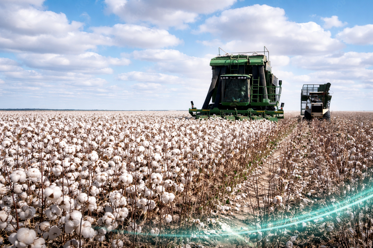 Cotton tractor harvesting soft commodities in agricultural farmland, global cotton production, farming operations and international supply chain