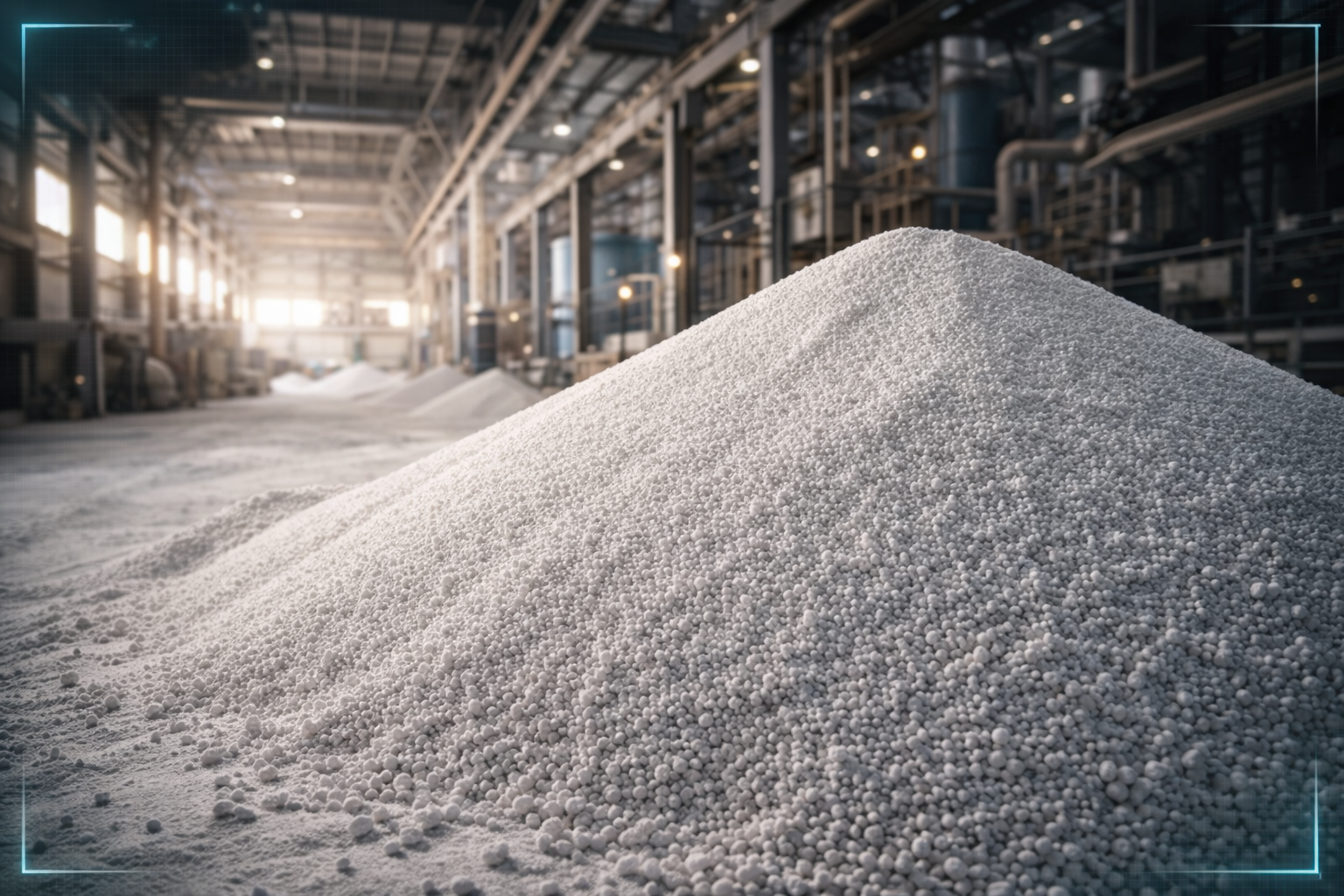 Fertiliser markets bulk phosphate granules stored in industrial plant supporting global agricultural supply and commodity trade