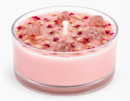 Fem Love Potion ritual candle with crystals, dried flowers, and gold mica