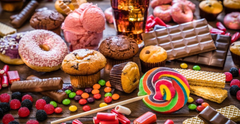 Un assortiment de beignets colorés, de chocolats, de bonbons et de pâtisseries disposés sur une table à desserts