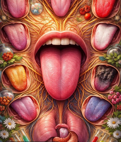 Collage surréaliste de langues et de lèvres colorées entourant une bouche ouverte centrale avec une longue langue rose.