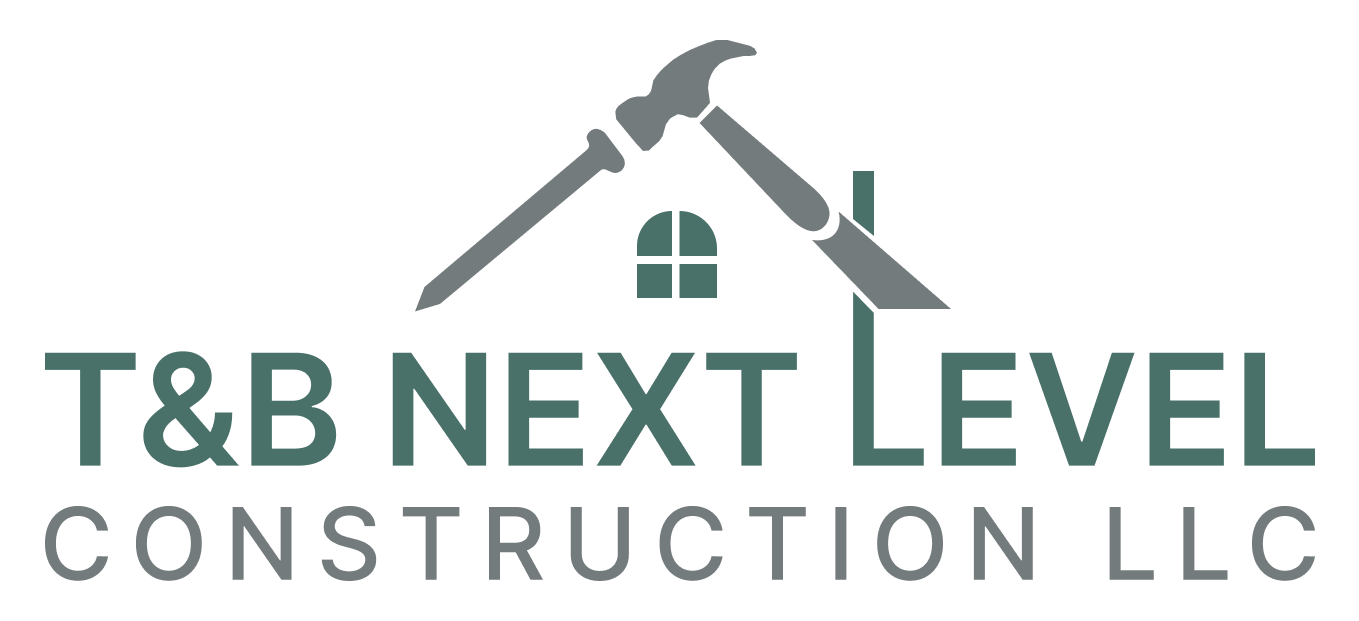 T&B Next Level Construction LLC logo with gray house and roof icon in green and gray text