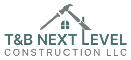 T&B Next Level Construction LLC logo with gray house and roof icon in green and gray text
