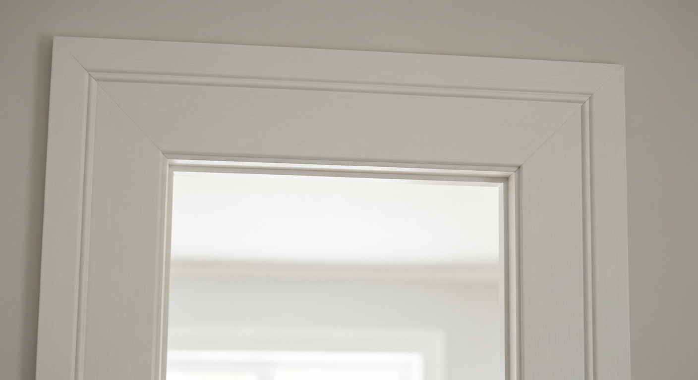 White interior doorway with a mirror or glass panel reflecting a bright room
