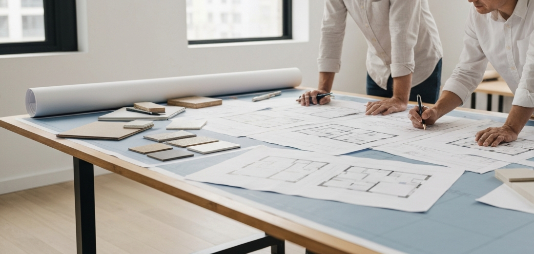 People reviewing floor plan drawings on a table in a bright office