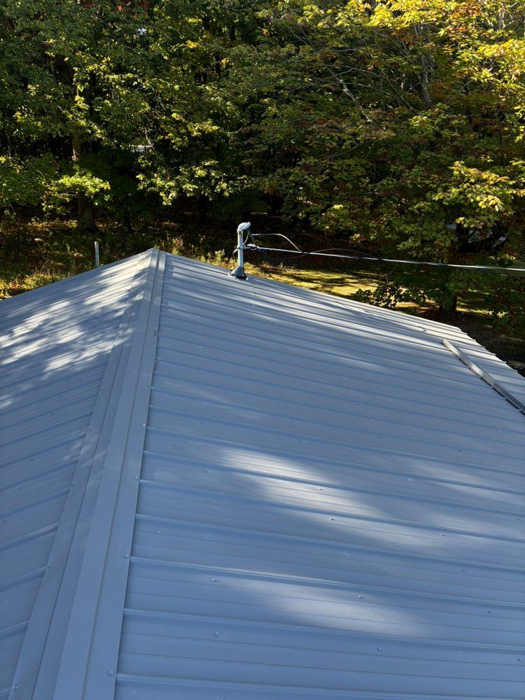 Metal roof with a central ridge, viewed from above, with trees in the background