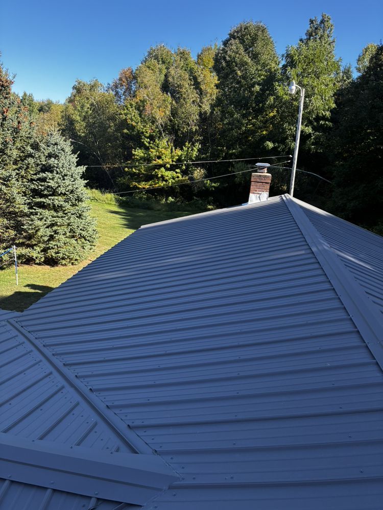 Blue metal roof with skylight and chimney, viewed over a green yard with trees in the background