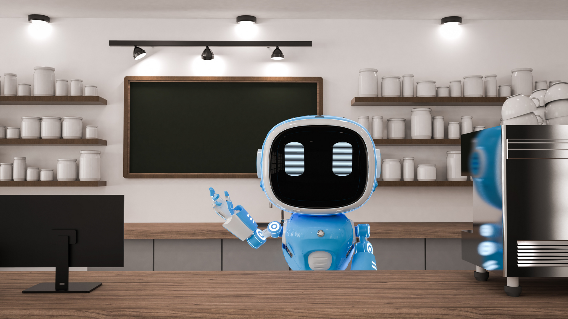 A blue robot is standing in front of a computer monitor in a kitchen.