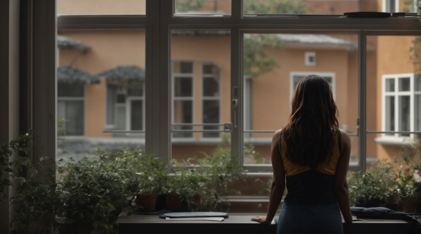 A woman is sitting on a window sill looking out the window.
