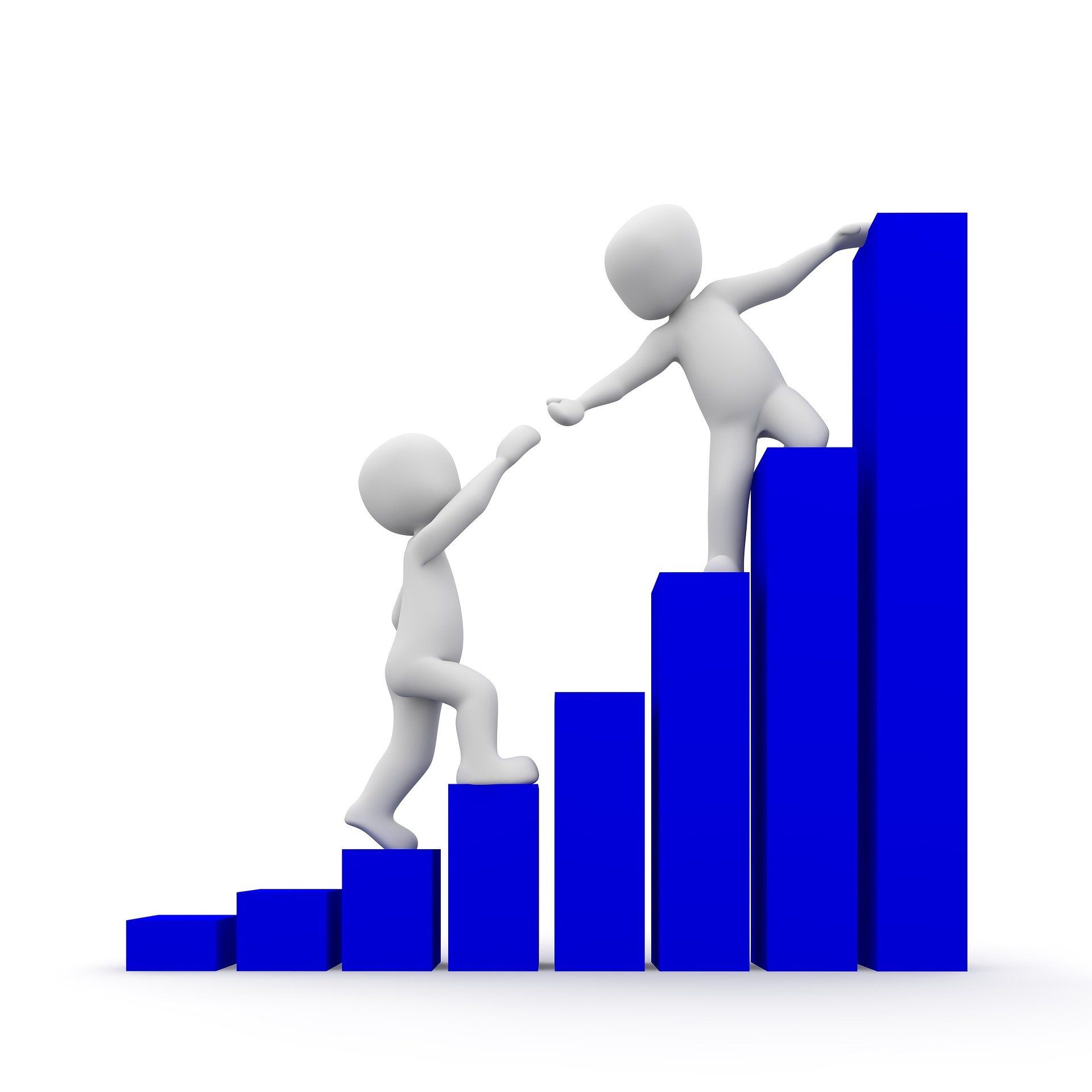 A 3d man is helping another 3d man climb a blue bar graph.