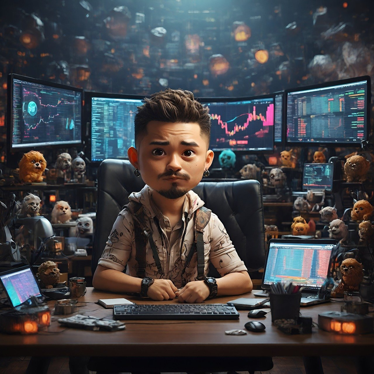 A man is sitting at a desk in front of a bunch of computer monitors.