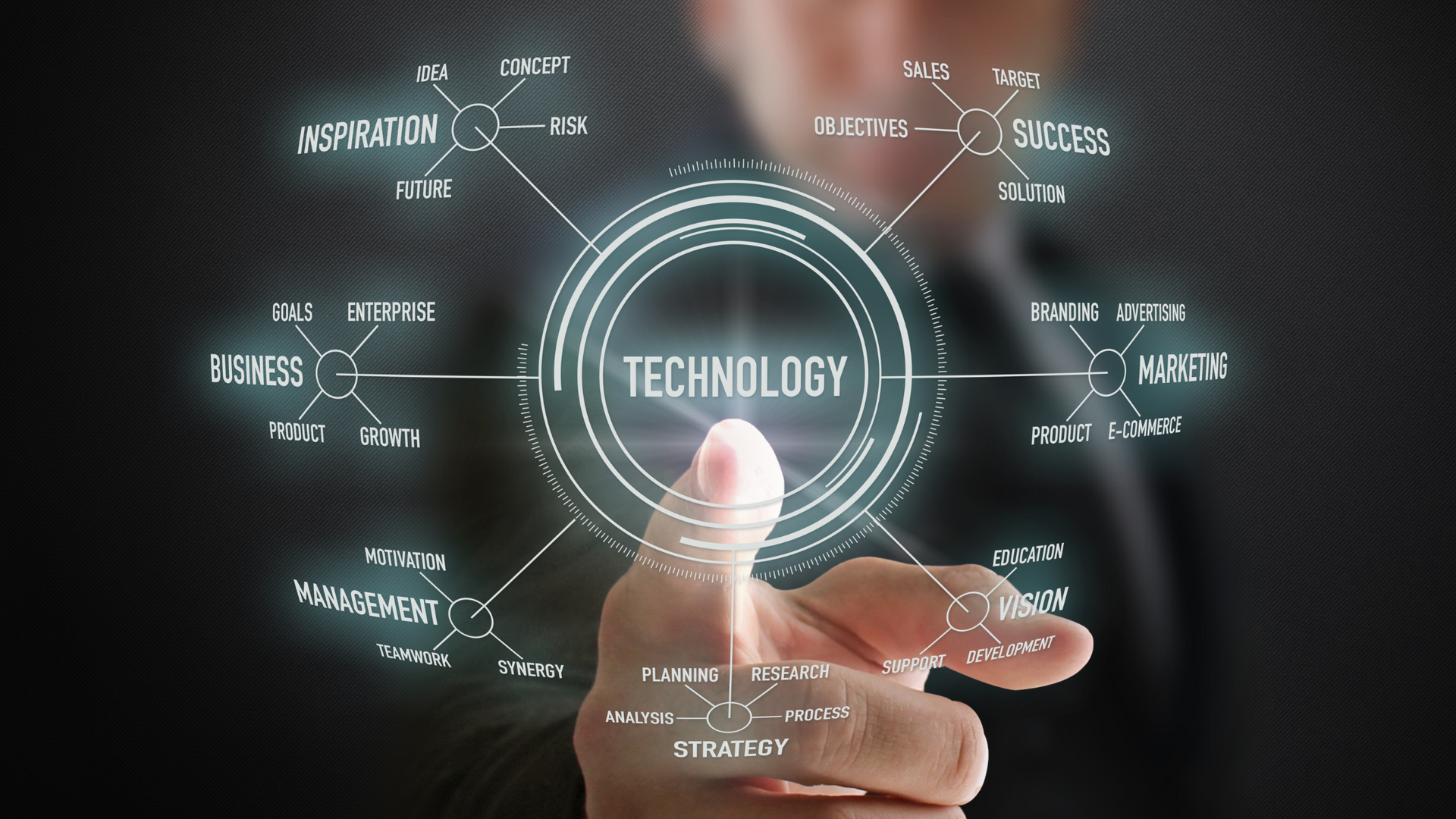 A man is pressing a button that says technology