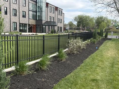 A black fence surrounds a lush green field.
