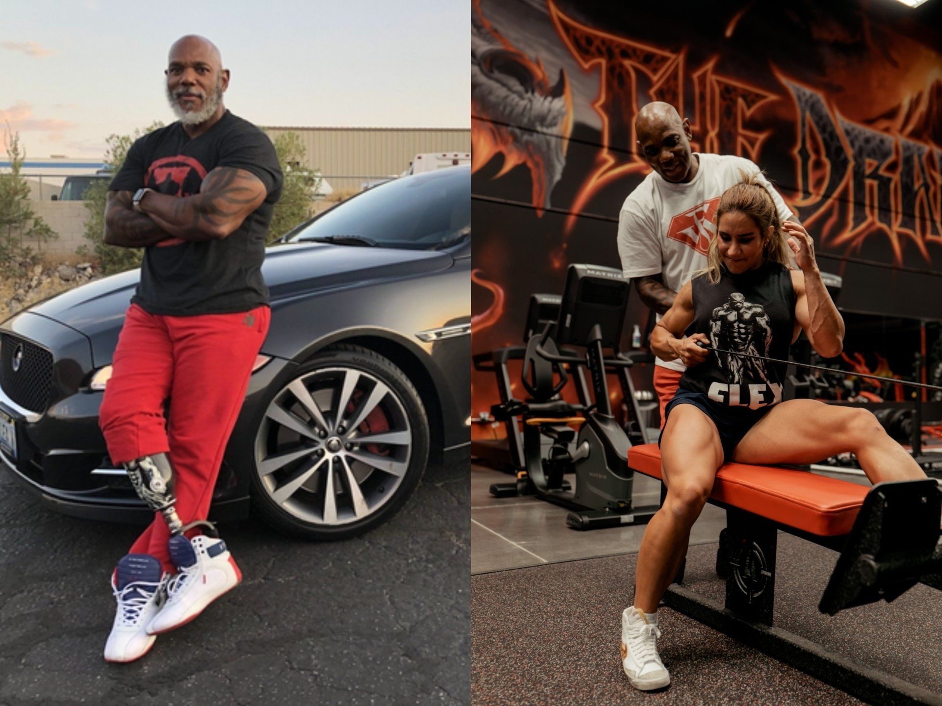 Flex Wheeler with a prosthetic leg is standing next to a car and a woman is sitting on a bench in a gym.