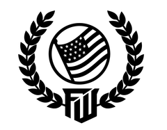 A black and white logo with an american flag and a laurel wreath.