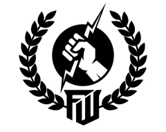 A black and white logo with a hand holding a lightning bolt and a laurel wreath.