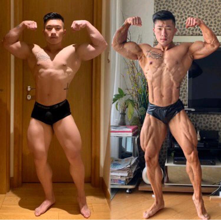 Two pictures of a muscular man flexing his muscles