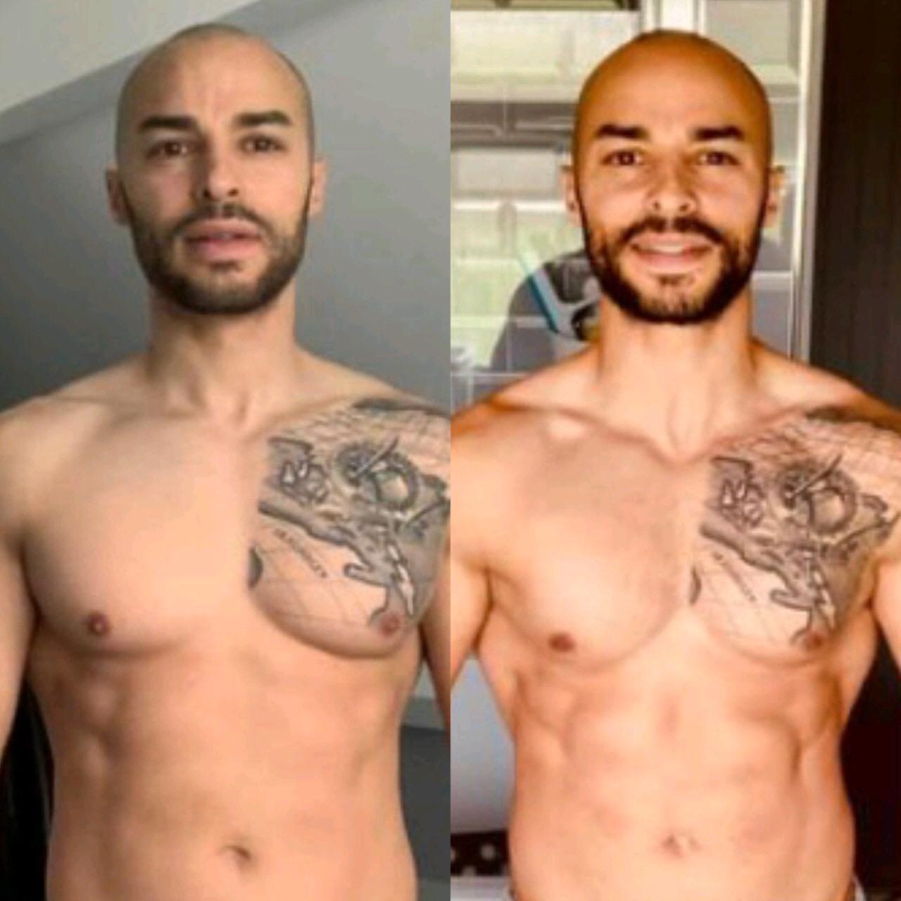 A shirtless man with a beard has a tattoo on his chest