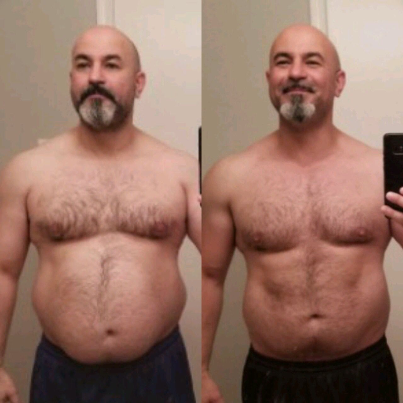A before and after picture of a man with a beard